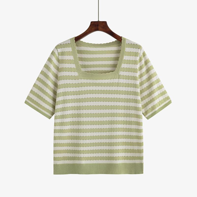 Женская футболка больших размеров с квадратным вырезом в полоску, женские топы с короткими рукавами, летняя свободная трикотажная одежда