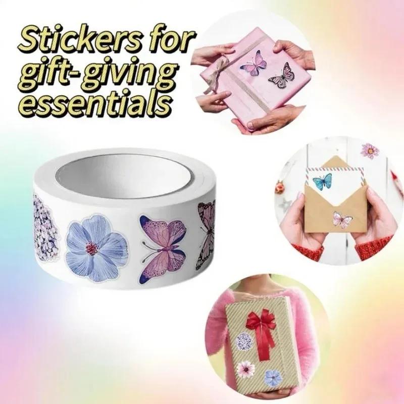 500 шт./рулон Наклейки с бабочками и цветами Наклейки Эстетичные Мультяшные Этикетки для запечатывания Декор Канцелярские товары Украшения для дневника Наклейки