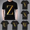 Fashion T-shirt Black Men's 26 English Letters Gold Printing Pattern Series Casual Round Neck Commuter Comfortable Top T-Shirts Men’s