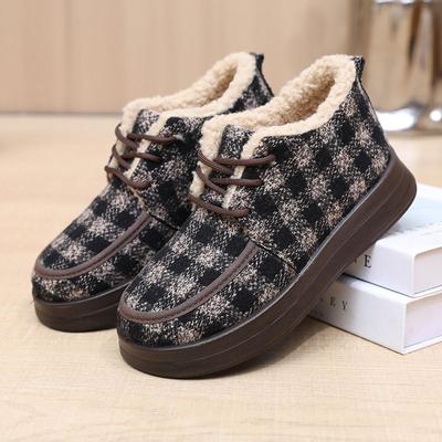 Женские зимние клетчатые осенние новые плюшевые женские тканевые туфли в стиле ретро на низком каблуке из флиса с внутренней подкладкой в национальном стиле