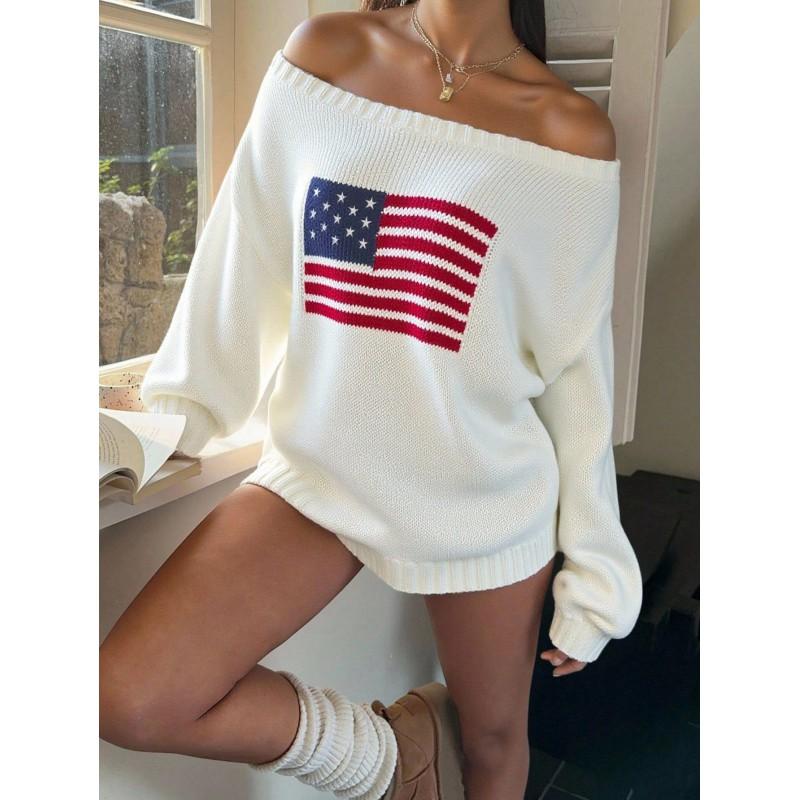 Womens One Shoulder Knit Top Loose Fit White Long Sleeve Casual Trendy Sweater Teens