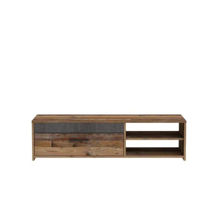 PACO Meuble TV 1 tiroir 2 niches - Décor vieux bois et béton gris foncé - L 120 x P 42,1 x H 31,8 cm
