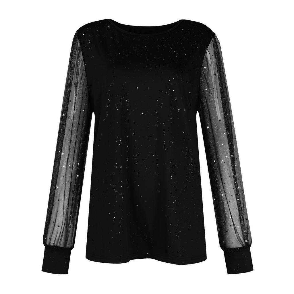 Женская свободная футболка свободного покроя из тюля с длинными рукавами и круглым вырезом