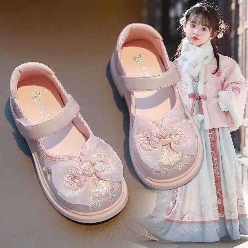 Fashion 3-12y Girls Leather Shoes Children Embroidery Shoe Spring Autumn Princess Flat Heel Party Dance Casual Chinese Style Sandal