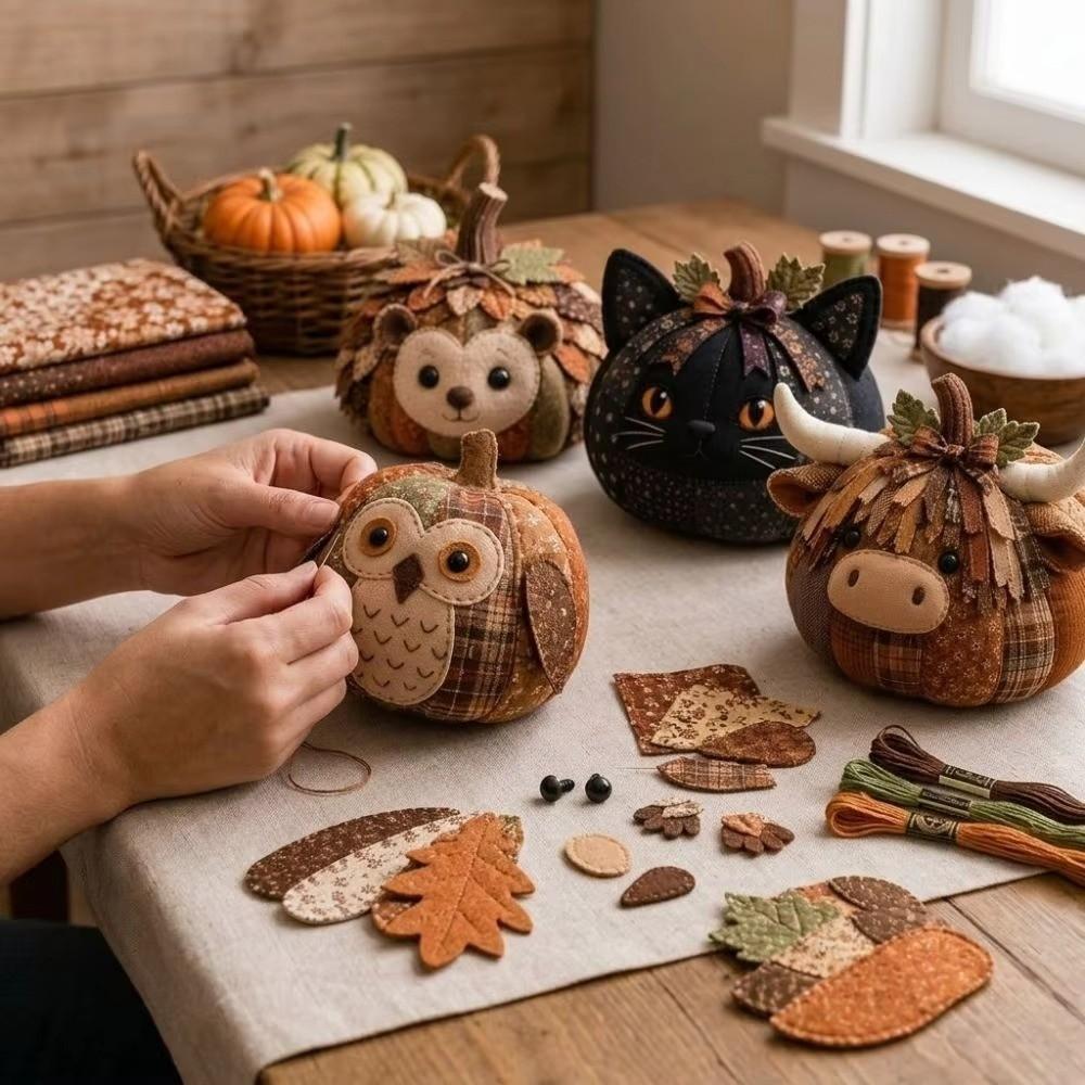 Owl Bear Whimsical Patchwork Pumpkin Kit Vintage Style Floral Fabric Set Halloween