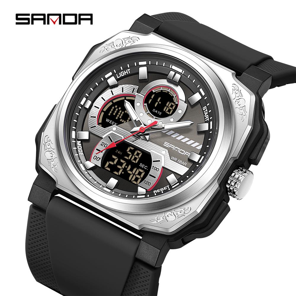 SANDA3356 Luxury Men's Digital Quartz Watch Multi functional Waterproof Alarm Clock Men's Timer Square Sports Watch