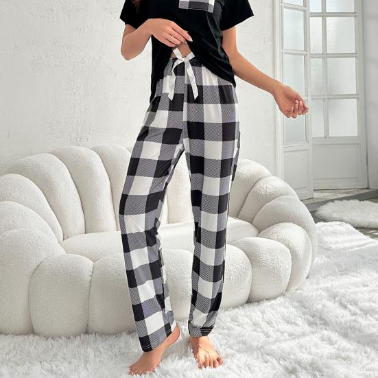 Женский комплект из 2 предметов: топ и брюки, летняя пижама, клетчатые брюки, круглый вырез, короткий рукав, футболка, домашняя одежда, повседневная одежда
