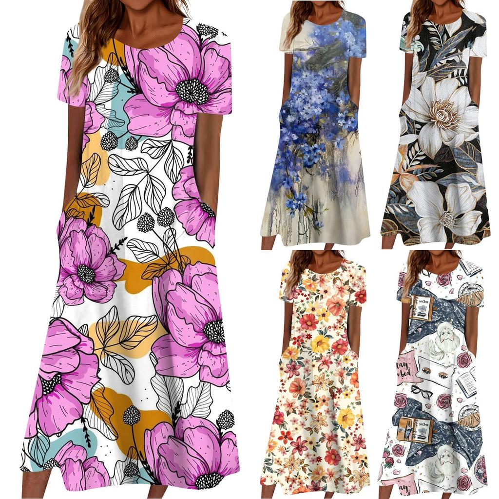 Summer Dress For Women Casual Printed V-Neck Short-Sleeve Beach Swing Dress