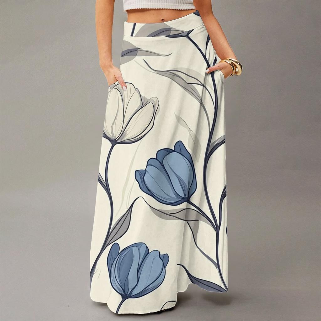 Женская повседневная складная юбка макси с цветочным принтом, высокой талией и карманом, с драпировкой