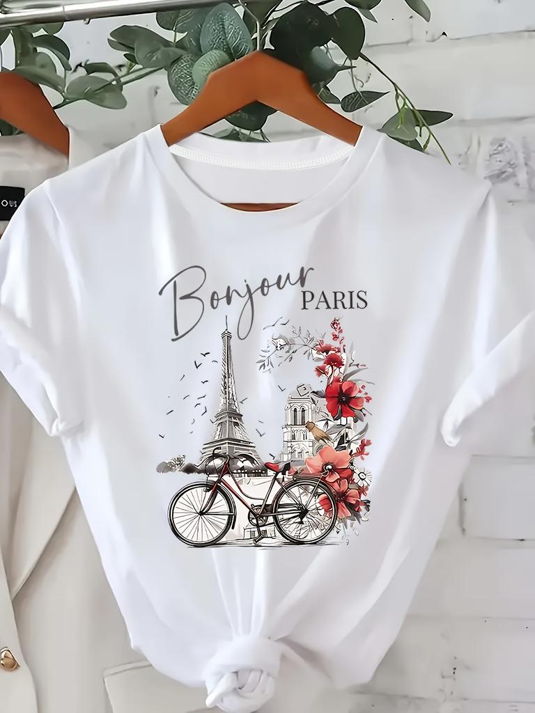 Women'S Bonjour Paris Graphic Tee Casual Crew Neck Short Sleeve T-Shirt with Eiffel Tower Vintage Bicycle Design Floral Accents