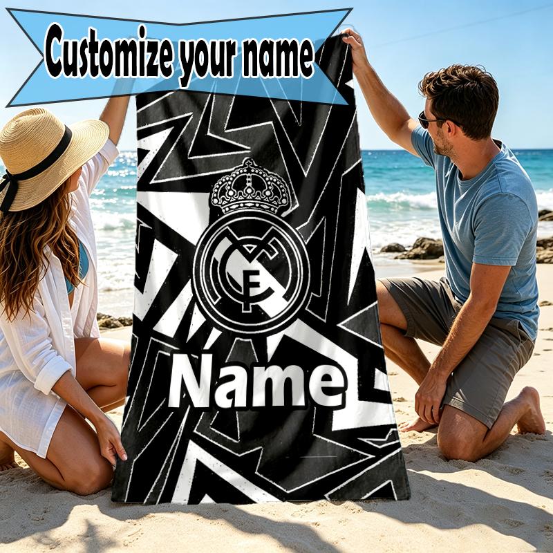 Custom Name Personalized Real Madrid Print Beach Towel, for Trip Camping Beach Party Home Decor, Birthday Gift for Family & Friends