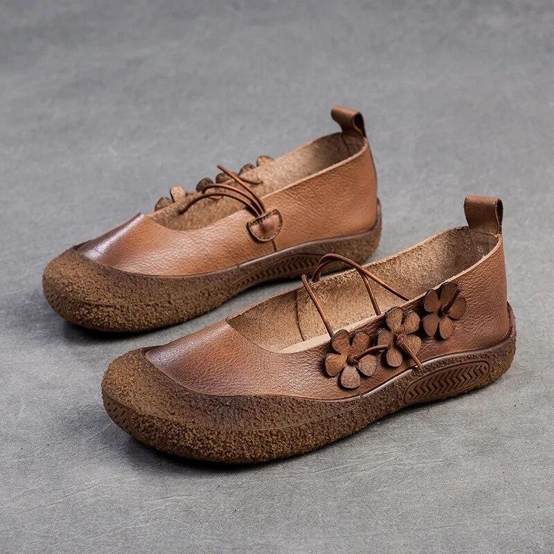 Johnature Туфли на плоской подошве из натуральной кожи с маленьким цветком в стиле ретро. Удобная женская обувь на мягкой подошве для отдыха и отдыха.