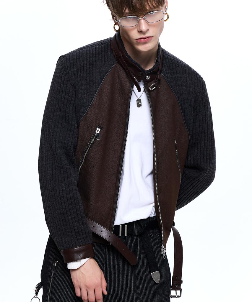 Rssc Knit & Denim Belted Biker Jacket - Brown