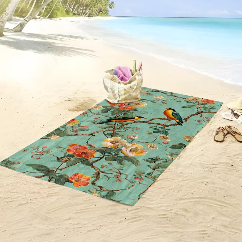 Turquoise Green Golden Bird Floral Oversized Towel, Soft Microfiber for Travel Pool Spa