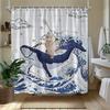 Whimsical Sea Creature Ocean Wave Shower Curtain Bathroom Decor Nautical Animal Print Waterproof Curtain