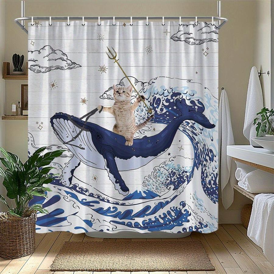 Whimsical Sea Creature Ocean Wave Shower Curtain Bathroom Decor Nautical Animal Print Waterproof Curtain