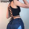 WTEMPO Летние укороченные топы, женские однотонные повседневные бандажные футболки без рукавов, модные черно-белые топы на бретелях на шнуровке