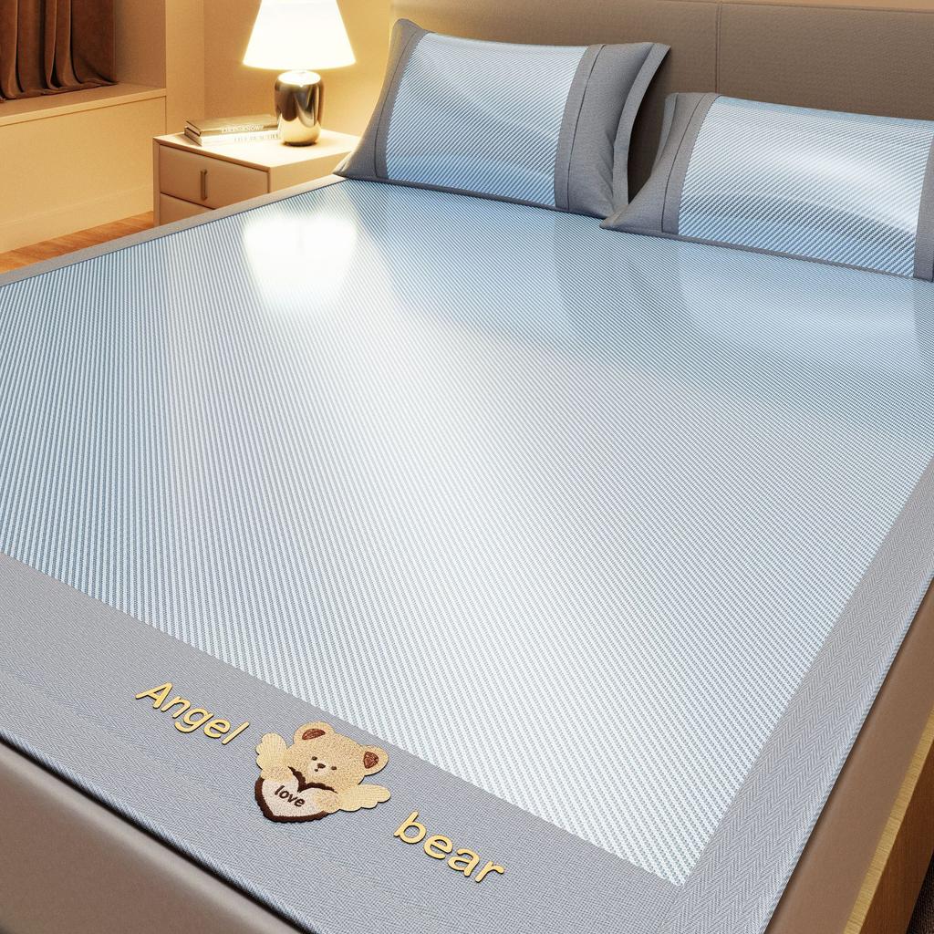 Machine Washable 3-Piece Ice Silk Cooling Mat Set with 2 Pillowcases, Breathable Summer Bed Sheet for Home Dorm, Soft Fitted Sheet