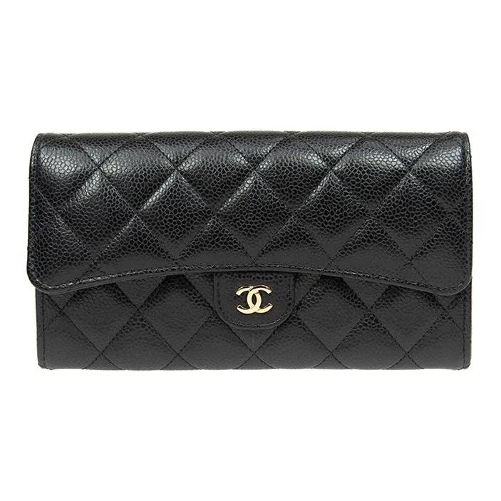Chanel 23P Классический стеганый длинный кошелек из телячьей кожи с тиснением под зерно и металлическим держателем для карт для женщин Черный