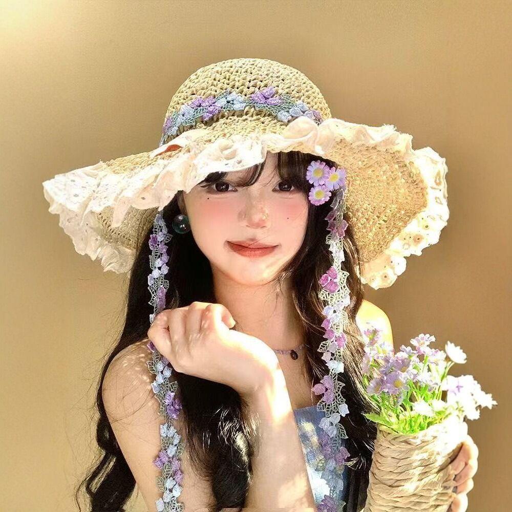 Foldable Lace Trim Hats Sun Protection Straw Sun Visors High Quality Straw Hat Women Girls