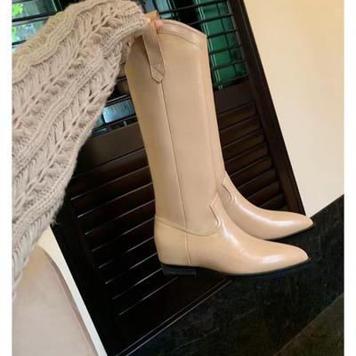 Версия из коровьей кожи~ Двойная пряжка с круглым носком кожаные, но с боковой молнией до колена, на толстом каблуке, женские сапоги-рыцари