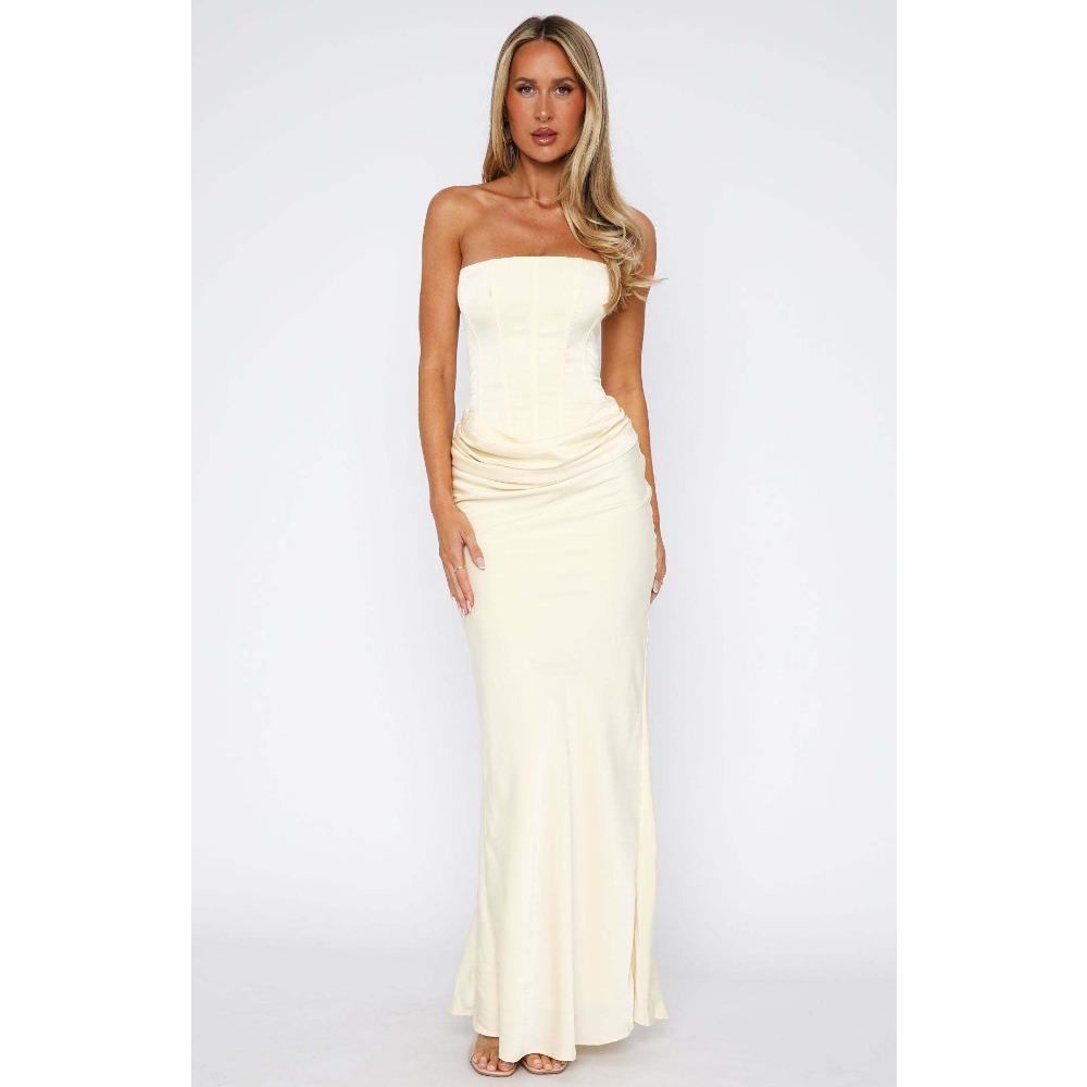 Женское strapless midi платье облегающего кроя с эластичной талией, сексуальный атласный корсет, платье bodycon, однотонное, со сборками, платье для гостей на свадьбу, вечернее платье