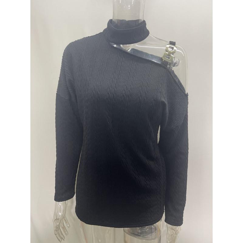 Осенне-зимняя мода Сексуальный пуловер с цепочкой на косое плечо Топы С открытыми плечами С длинными рукавами Повседневная простая уличная блузка Вязаный однотонный свитер с высоким воротом