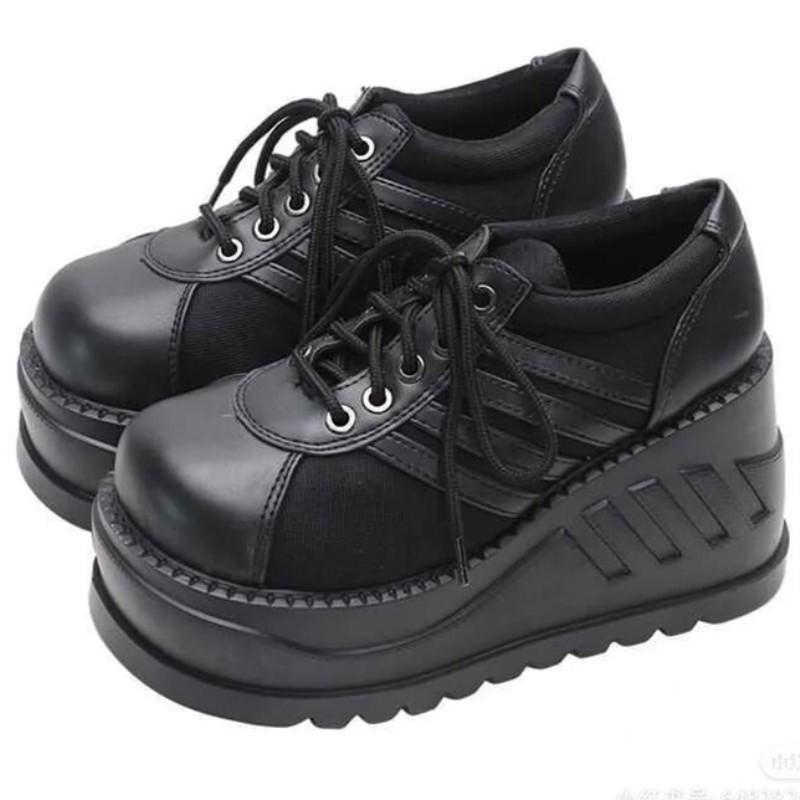Gothic Punk Platform Shoes: Chunky-Soled, Striped, Breathable Leather with Lace-up Design