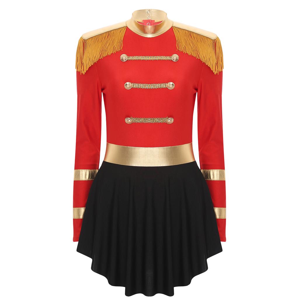 Women's Circus Ringmaster Costume Carnival Outfits Long Sleeve Keyhole Fringed Shoulder Dress