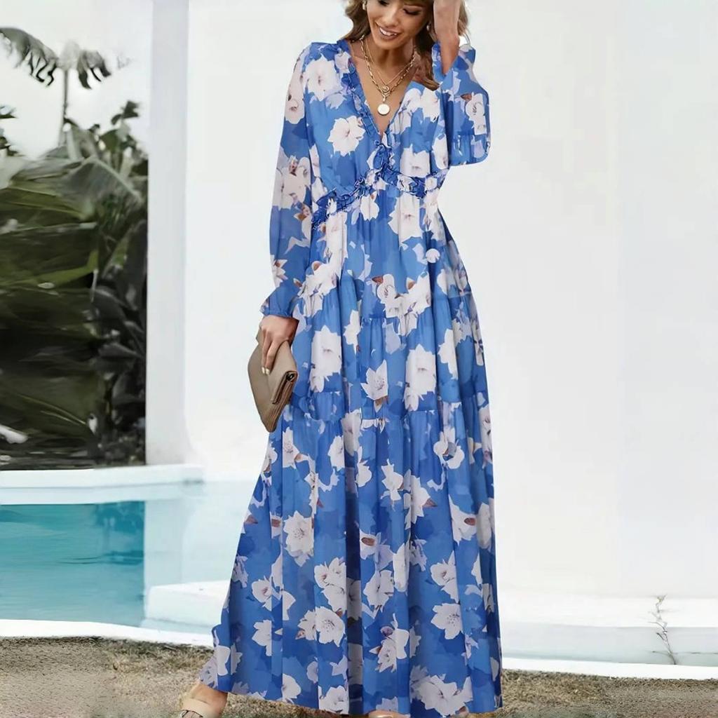 Элегантные Свободные Платья Макси с Принтом Весна Женские V-образный Вырез Пуловер Длинные Рукава Платье Высокая Талия Повседневное Платье Длины до Щиколотки