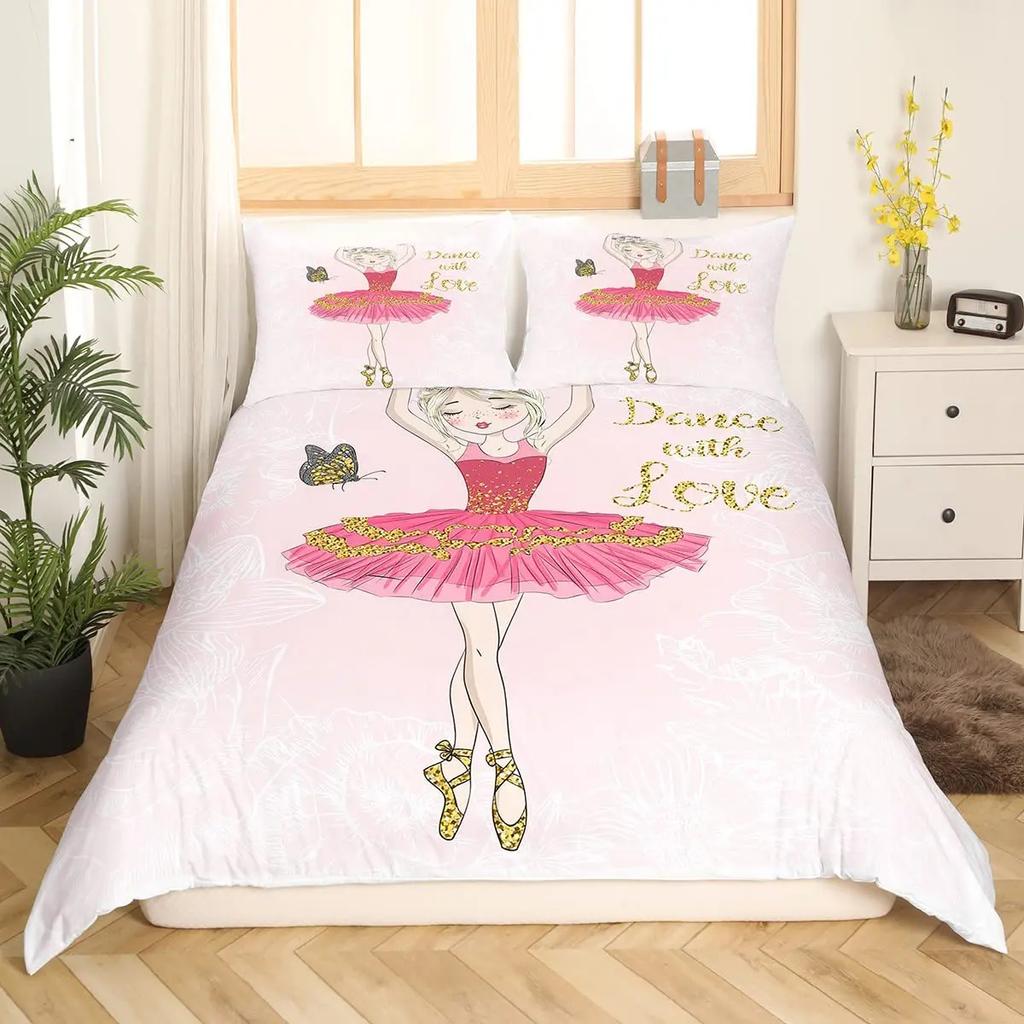 Ballet Girl Duvet Cover Set King Size Pink Lovely Little Ballerinas Bedding Set Kids Girls Princess Soft Polyester Quilt Cover