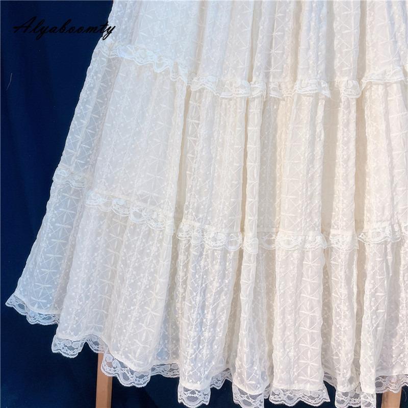 Japanese Lolita Style Autumn Winter Women Lace Skirt High Waist Beige Layered Ruffles Skirt Elegant Feminine Ladies' Tierred Skirts