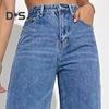 Женские джинсовые брюки с высокой талией, эластичные широкие джинсы с карманами, повседневные прямые джинсовые брюки на лето и осень