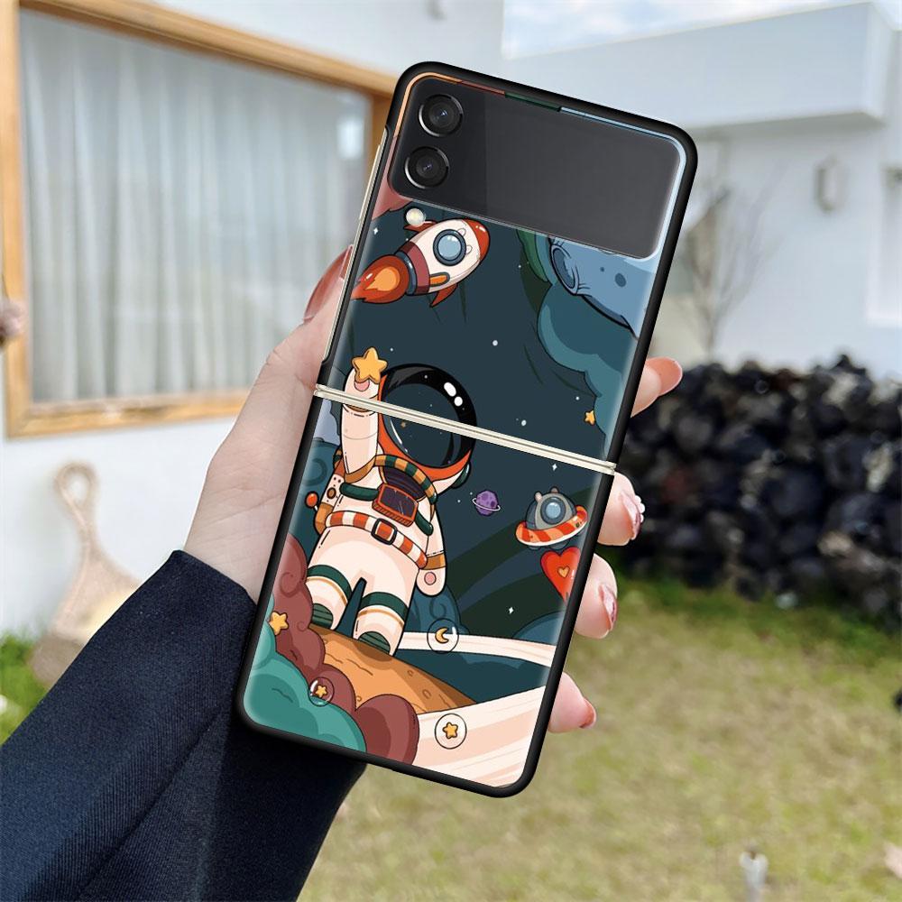 Роскошный чехол для Samsung Galaxy Z Flip 4 3 5G, черный ПК, жесткие чехлы для телефонов, модная задняя крышка ZFlip Funda, мультяшный крутой мешок астронавта