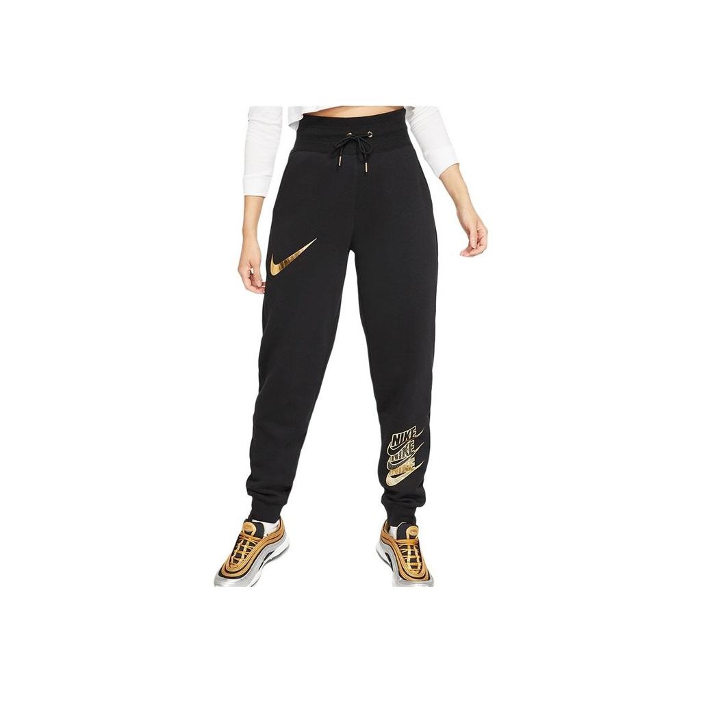 Nike Sportswear Swoosh Print Drawstring Cuffed Fleece Sweatpants Women Bottoms Black BV5034-010