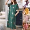 Women Striped Cartoon Printed Short Sleeve Cotton Pajamas Loose Casual O-neck Medium Length Skirt Pajamas