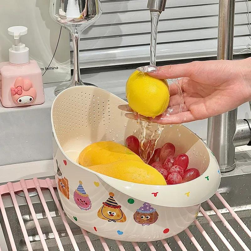 Cream Style Cute Multi-functional Drainage Basket Household Living Room Fruit Drainage Basket Kitchen Simple Rice Washing Basket