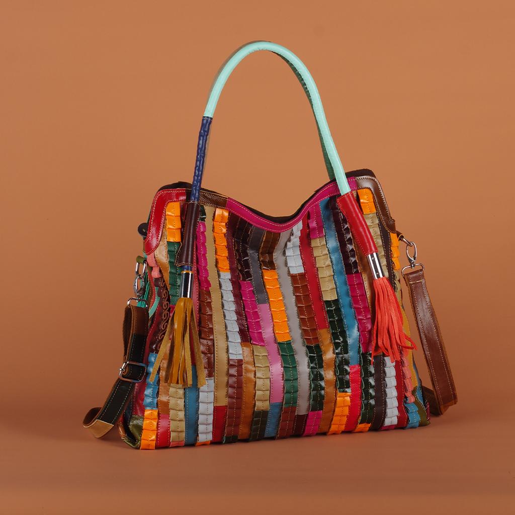 Genuine Leather Tassel Bag for Women Casual Shoulder Bag with Colorful Stripes Random Contrasting Color Ethnic Style