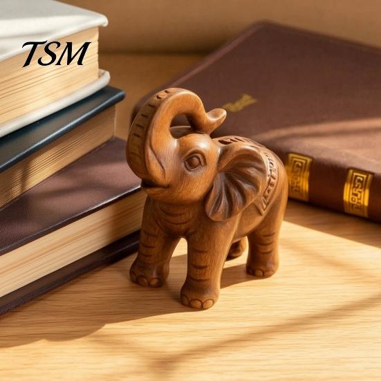 Symbol of Harmony Elephant Figurine Ornament, Resin Wood Grain Statue, Auspicious Retro Style Living Room Decoration Animal Sculpture for Home Office