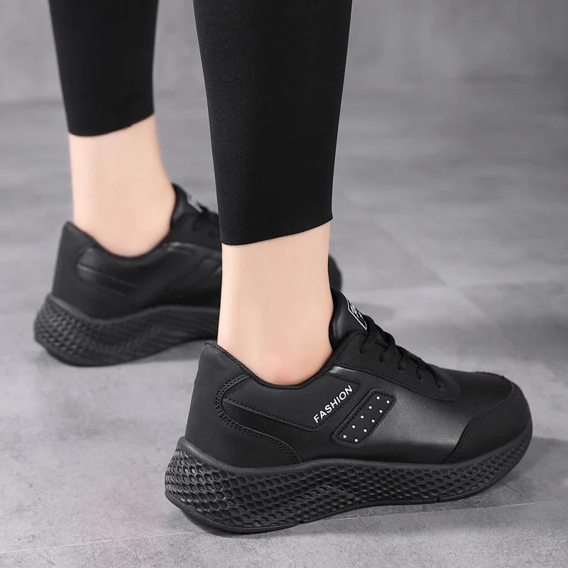 Fashion 2025 Women's Leather Sneakers Casual Sneakers Lace Up Flats Lightweight Comfortable Black Anti-slip Running Shoes Outdoor Sports