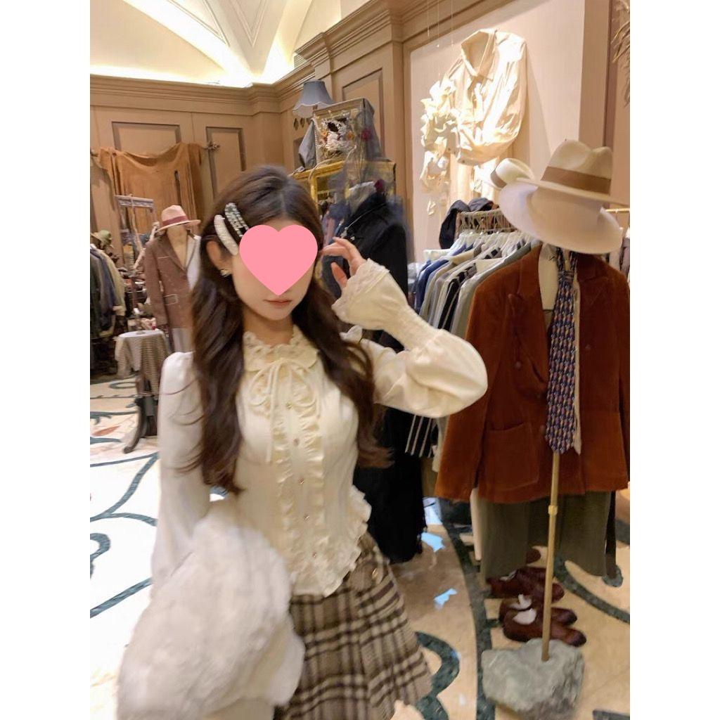 Cream Bagel French Sweet Age-Reducing Lace Ruffle Slimming Blouse - Women's Autumn Court Style Top