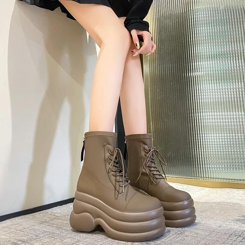 Fashion 9CM Winter Warm Leather Ankle Boots Women Autumn High Platform Fur Shoes 2024 Woman Heels Chunky Motorcycle Boots Booties Mujer