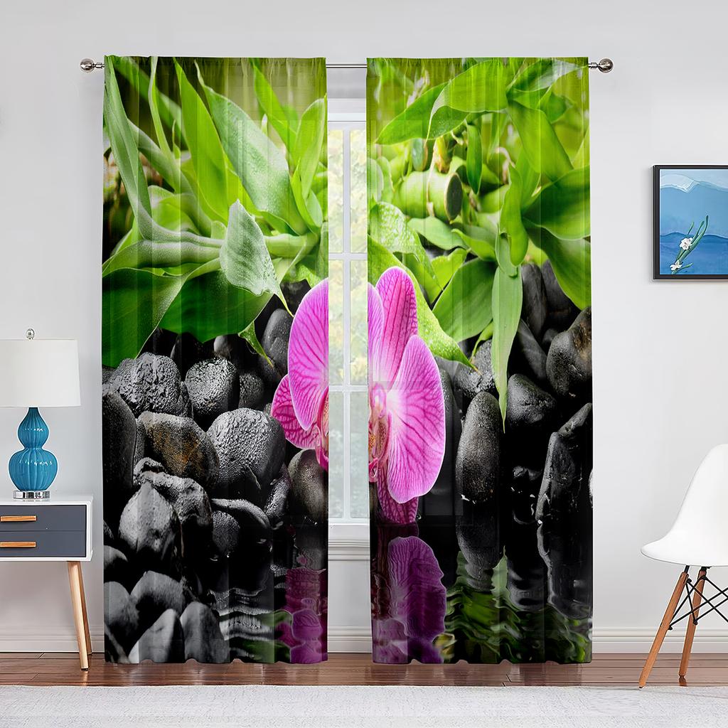 Zen Spa Green Bamboo Black Stone Flower Sheer Curtains for Living Room Bedroom Decorations Window Voiles Tulle Curtain Drapes