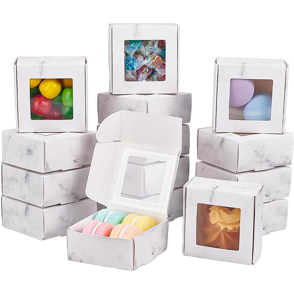 30pcs Foldable Creative Kraft Paper Box Wedding Favor Boxes Favour Box Paper Gift Box with Plastic Clear Window Square Light Grey 6.5x6.5x3cm