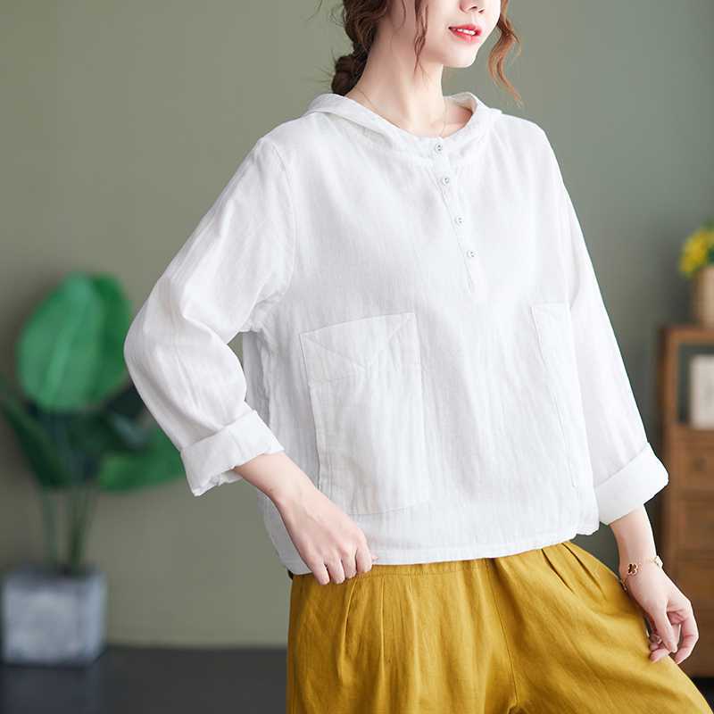 Свободный универсальный повседневный топ, женская рубашка с капюшоном, весенняя пуговица с карманом, простая свободная удобная блузка размера плюс