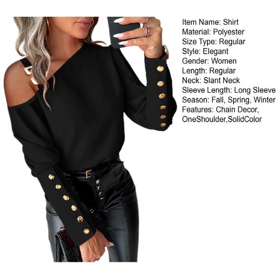 Твердый большой размер, один цвет, рубашка с цепочкой на плечах, декор с длинными рукавами и пуговицами, пуловер с наклонным вырезом, мягкий