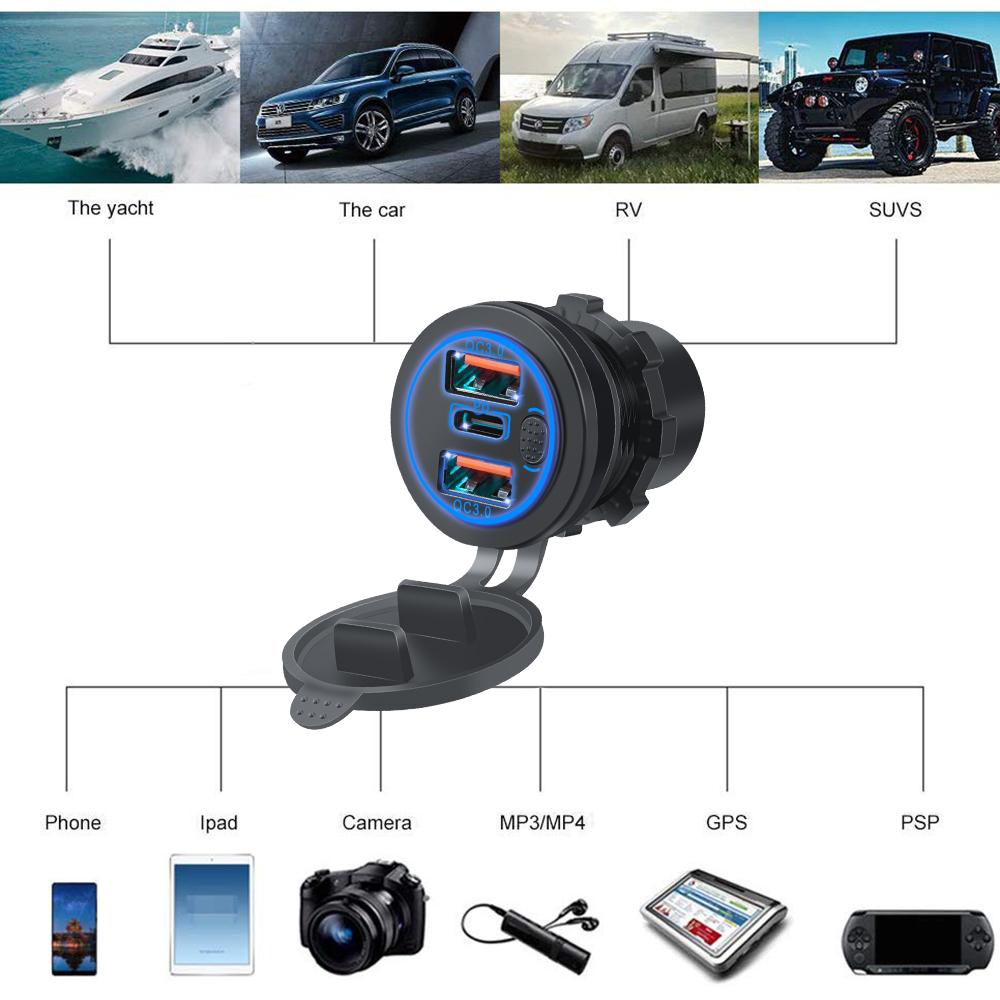 Тройное автомобильное зарядное гнездо QC 3.0 USB Type-C, несколько быстрозарядных адаптеров PD3.0 для грузовиков, мотоциклов с сенсорным переключателем