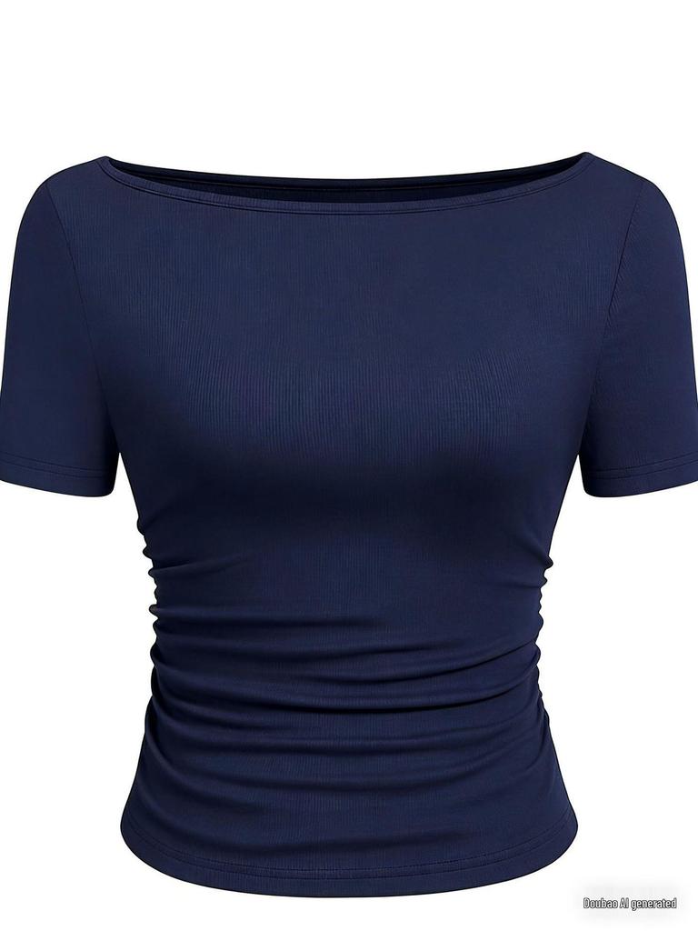 2025 Осень Приталенный женский топ с вырезом лодочкой, рукавами-колокольчиками и сборками - Однотонный, с длинным рукавом