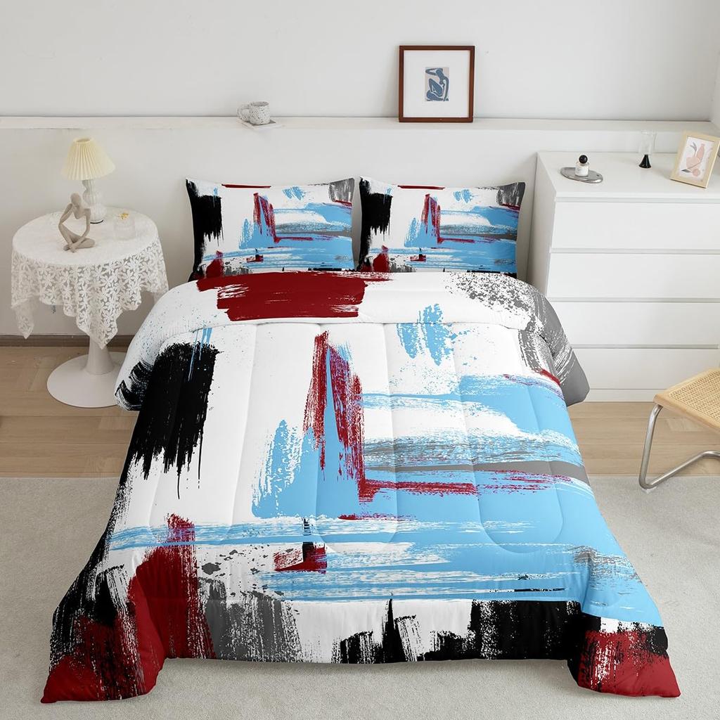 Erosebridal Contemporary Watercolor Bedding Set Queen for Boys Ink Painting Comforter Set,Grunge Abstract Duvet Insert Modern Art Duvet Set