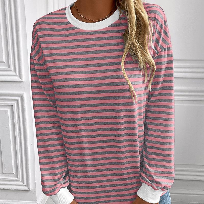 Striped T-Shirts Women’s Loose Long Sleeve Pullover Round Neck T-shirt Top